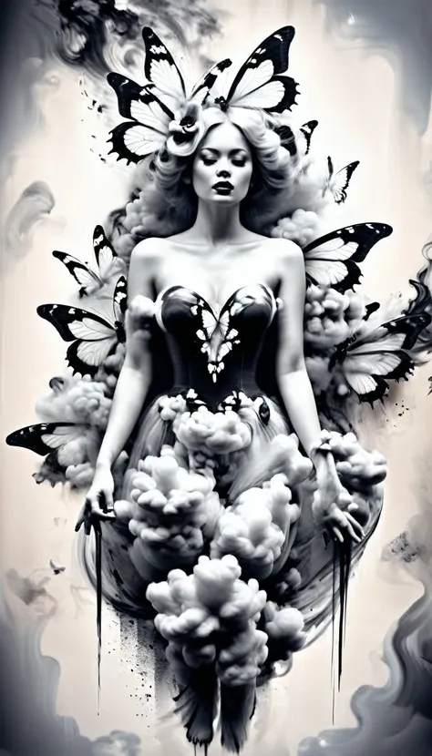 A beautiful young woman dressed elegantly by flowers and smoke butterflies, charcoal black smoke and black ink strokes with paintbrushes and brushes. With a chaotic city background.