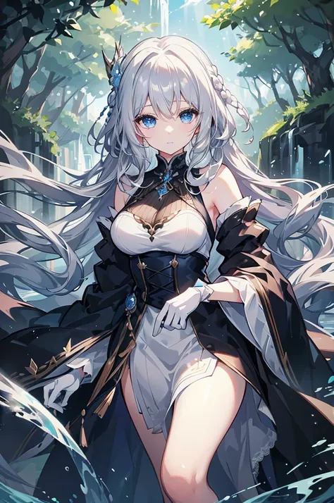 white hair and blue eyes、adult、long, fluffy wavy hair、braiding、wearing hair ornaments、princess、white gloves、wearing a lace dress...