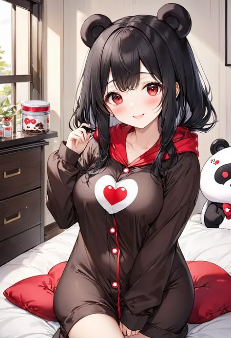 (Kigurumi pajamas style) (18 yo, solo straight:1.2 black hair long hair sexy girl, cute red eyes, love smile, big tits), (hand holding a biggest shape of number 0:1.5 for chocolate), (in a kigurumi pajamas of Kumamon), break, in the lovely bedroom of Kumam...