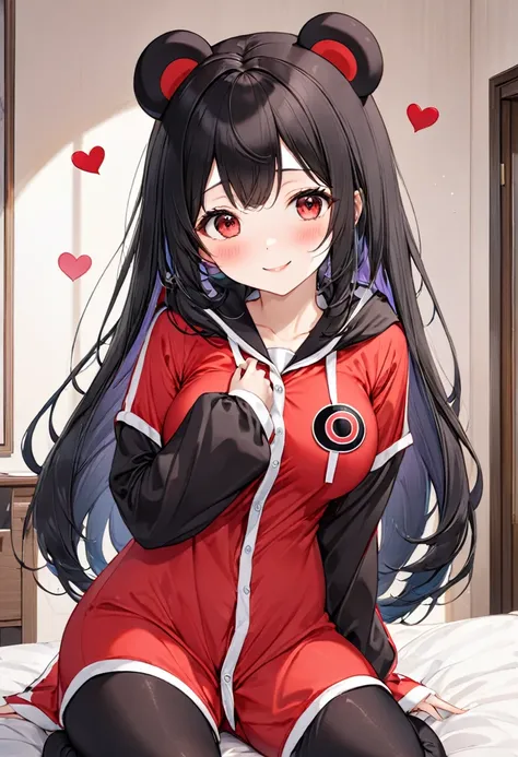 (Kigurumi pajamas style) (18 yo, solo straight:1.2 black hair long hair sexy girl, cute red eyes, love smile, big tits), (hand holding a biggest shape of number 0:1.5 for chocolate), (in a kigurumi pajamas of Kumamon), break, in the lovely bedroom of Kumam...