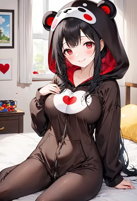 (Kigurumi pajamas style) (18 yo, solo straight:1.2 black hair long hair sexy girl, cute red eyes, love smile, big tits), (hand holding a biggest shape of number 0:1.5 for chocolate), (in a Kumamon hooded kigurumi pajamas), break, in the lovely bedroom of K...