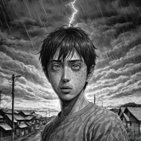 thunder, and storms, (anime), bizarre scenario, This is Junji, Yusuke Murata, black and white, 8K, anime, horror