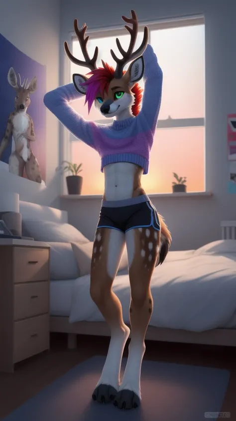 score_9, score_8_up, score_7_up, score_6_up, score_5_up, score_4_up, break (sfw), one anthro, furry, half hyena half deer, mix d...