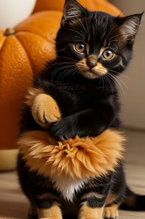 Disney Pixar type post with a title that says Moly, a small kitten with very hairy orange fur with a black, white chest, half of the orange face and half of the black face. 