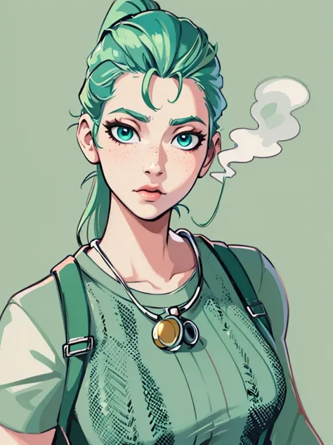 Masterpiece, best quality, college student, centered in frame, portrait, female, pale skin, stressed expression, stethoscope, busty, smoking cigarette, eye bags, nervous, peach lips, ponytail, pastel green hair, couch landscape, green eyes, paramedic unifo...