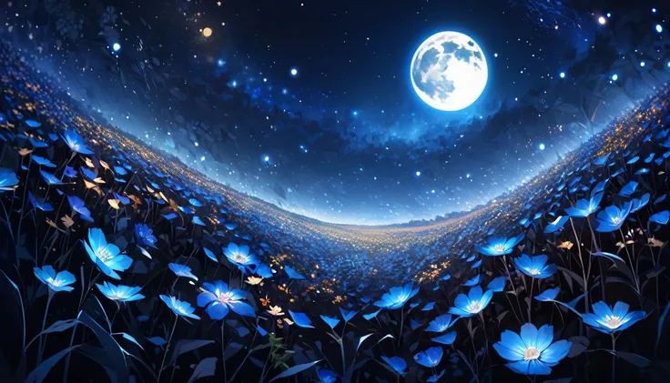 close-up flower field at the bottom, lots of flowers, starry night sky above, midnight, full moon, blue tint, completely dark surroundings, pitch black, fantasy feeling