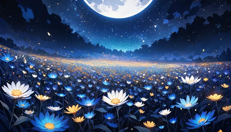 close-up flower field at the bottom, lots of flowers, starry night sky above, midnight, full moon, blue tint, completely dark surroundings, pitch black, fantasy feeling