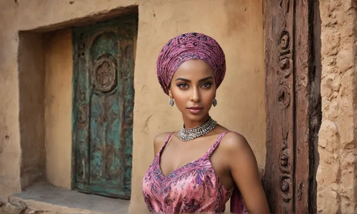 native araffe woman in a brown and pink dress standing in front of a building,native africa ameera al taweel, beautiful female, somali woman, photo taken in 2 0 2 0, somali attire, african woman, photo portrait, wearing authentic attire, beautiful woman, p...