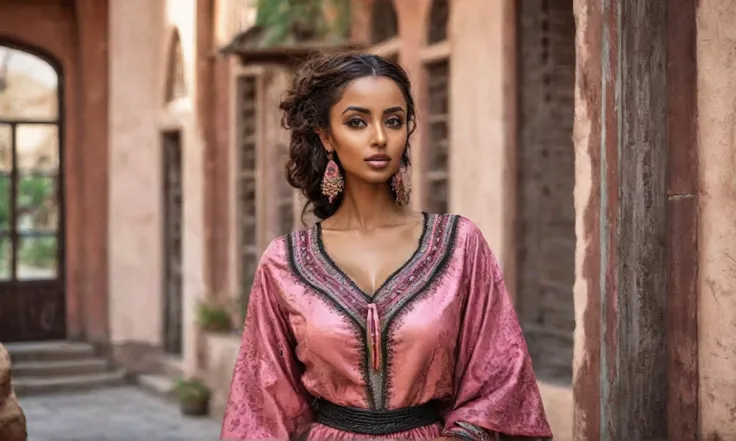 native araffe woman in a brown and pink dress standing in front of a building,native africa ameera al taweel, beautiful female, somali woman, photo taken in 2 0 2 0, somali attire, african woman, photo portrait, wearing authentic attire, beautiful woman, p...