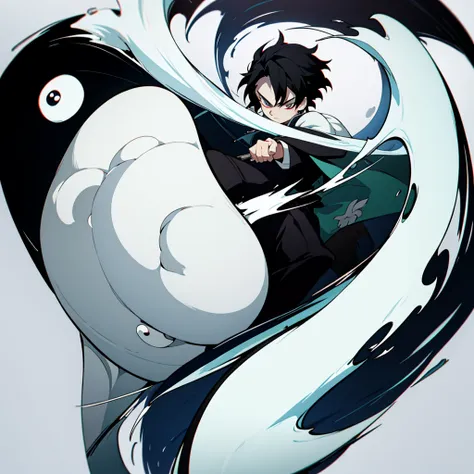 fifteen year old male, Uniform demon slayer, ying yang sword, Beautiful visual quality, Short hair, White and black color theme