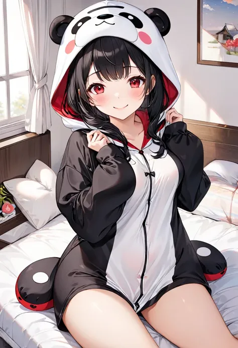 (Kigurumi pajamas style) (18 yo, solo straight:1.2 black hair long hair sexy girl, cute red eyes, love smile, big tits), (in a Kumamon:1.3 hooded kigurumi pajamas), break, in the lovely bedroom of Kumamoto, BREAK, masterpiece, best quality, 16k, beautiful ...