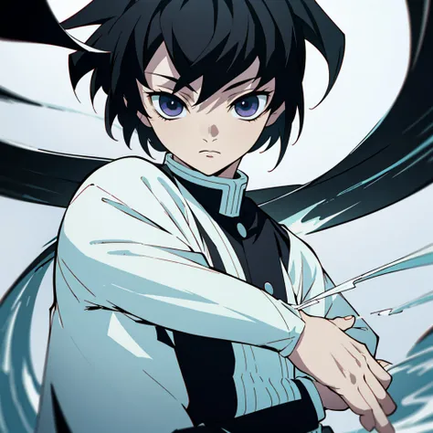 fifteen year old male, Uniform demon slayer, ying yang sword, Beautiful visual quality, Short hair, White and black color theme