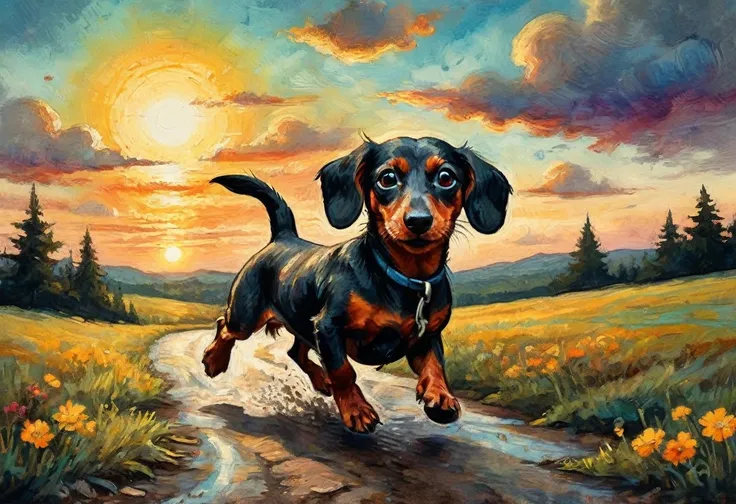  A bright colorful painting, Crudely drawn, cartoon-style childrens book illustrations in watercolor and crayon depict a curious Dachshund running towards the viewer., a sky with clouds illuminated by the setting sun, in the style of James R. Eads, acrylic...