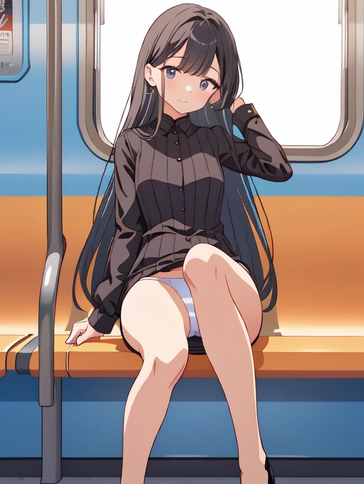 Tight Mini Dress、Straight Long Hair ,sitting in a train seat,  Tuck your hair behind your ears、front、Border Panties, High heels、Highest quality、Daytime