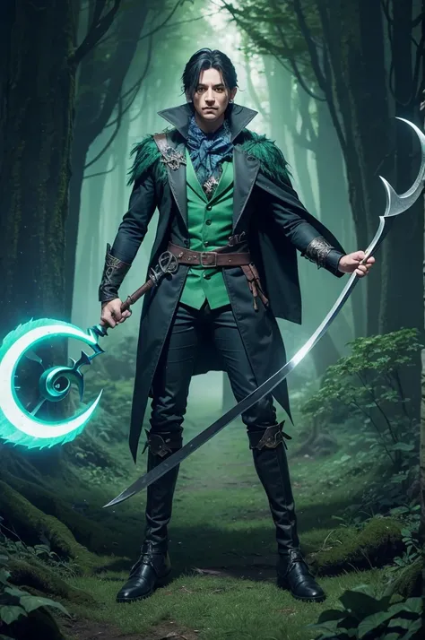 Make a full-body man wearing a green witch outfit and holding a blue mythical scythe