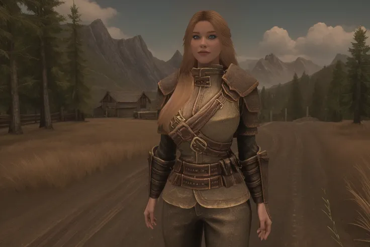 female breton stands in a sun-kissed Skyrim landscape on a warm summer day. Her chiseled torso, bare and unadorned, glistens with dew as she wears only armor long pants, her chest gleaming like polished obsidian. A long blonde hair and intense gaze complet...