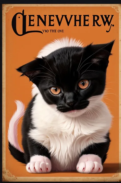 Disney type poster bite, black kitten with orange and white chest, His nose is pink and his paws are white. 