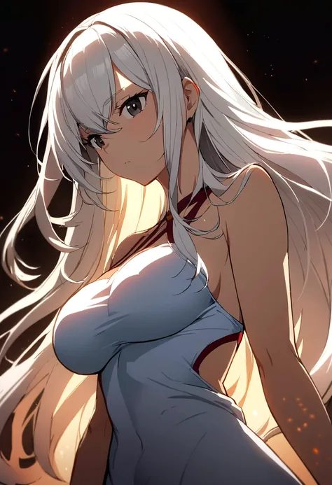 1 girl, white hair, black eyes, upper body, long hair, big cheest ,  anime girl 