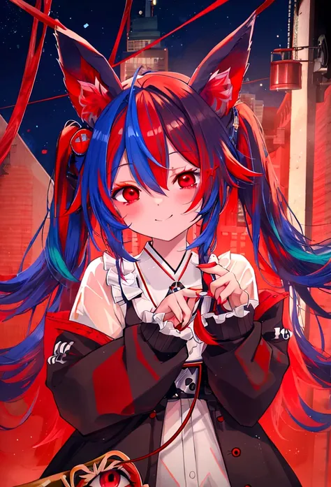 (8k、Best image quality、highest quality、masterpiece)、Detailed face、Single Blade、smile、blush、vapor、((close your eyes))、Shiny、Cowboy Shot、Night city background, pekora usada, animal ears, blue hair, braid, carrot hair ornament, food-themed hair ornament, hair...