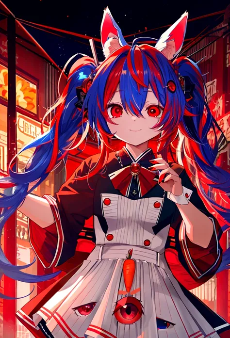 (8k、Best image quality、highest quality、masterpiece)、Detailed face、Single Blade、smile、blush、vapor、((close your eyes))、Shiny、Cowboy Shot、Night city background, pekora usada, animal ears, blue hair, braid, carrot hair ornament, food-themed hair ornament, hair...