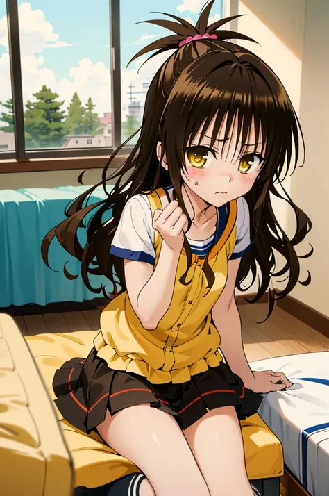 (best quality:1.1), (masterpiece:1.4), (absurdres:1.0), 
1girl, yuuki mikan, brown hair, yellow eyes, hair ornaments, long hair, topknot, wavy hair, small breasts, , looking at viewer, , indoors, angry,,miniskirt,socks
