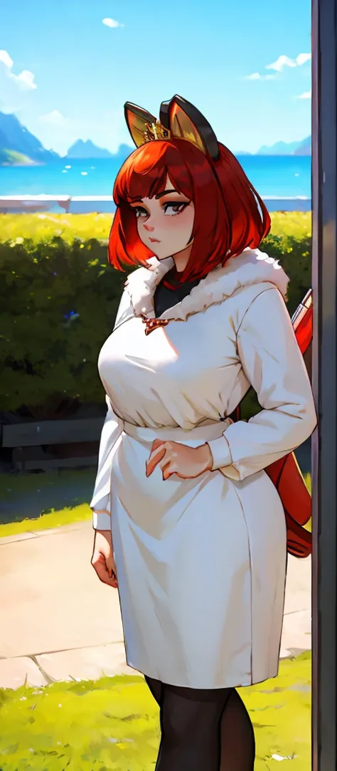 red hair, blank white skin furry,  queen white clothes, queen