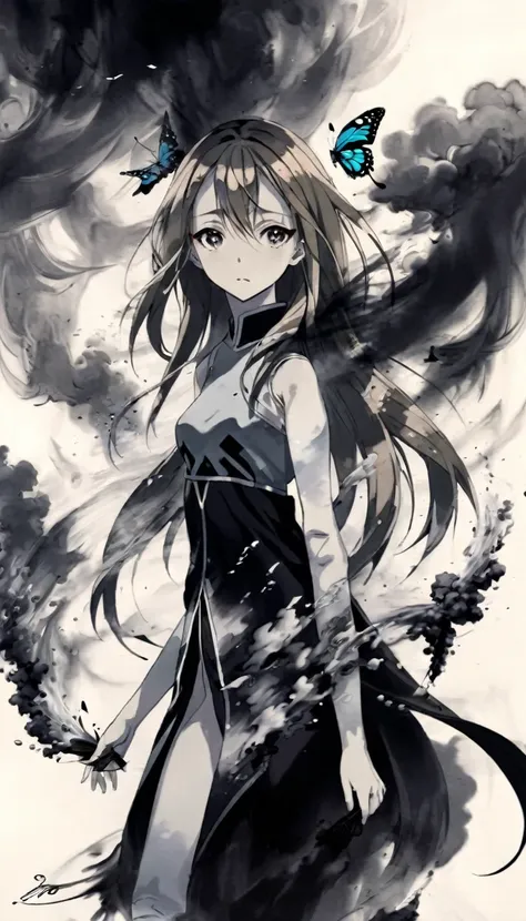 a beautiful young asuna, with eyes of emotion and dressed elegantly by flowers and butterflies of smoke, charcoal black smoke an...