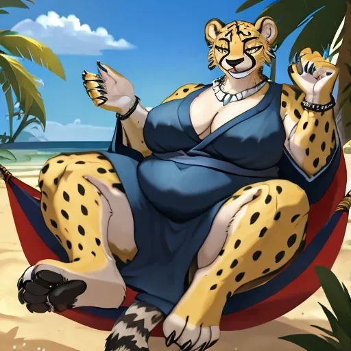 (best quality, masterpiece:1), furry female anthro cheetah, solo, body fur, no skin, looking at viewer, smile, closed mouth, detailed octane render, tail, Female cheetah, fat, fat belly, fat thighs, fat arms, lovehandles, silver eyes, golden yellow fur, bl...