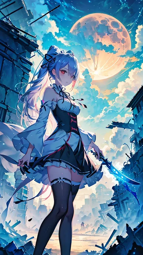 re:zero, rem, a cute girl, アニメ風, ultra-detailed, best quality, post apocalypse background, standing on a large pile of rubble in...