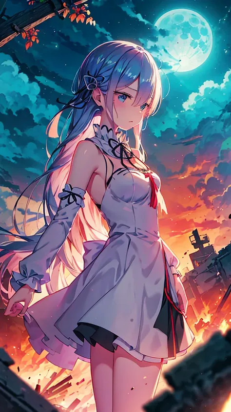 re:zero, rem, a cute girl, アニメ風, ultra-detailed, best quality, post apocalypse background, standing on a large pile of rubble in...