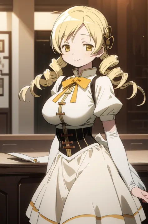 (masterpiece, best quality), 1girl, mami tomoe,standing,nsfw,indoor,smile,big breasts,high waist shorts