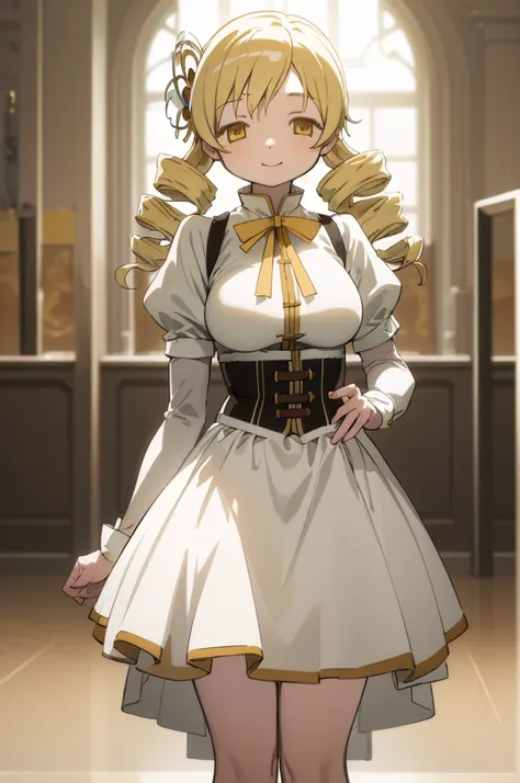 (masterpiece, best quality), 1girl, mami tomoe,standing,nsfw,indoor,smile,big breasts,high waist shorts