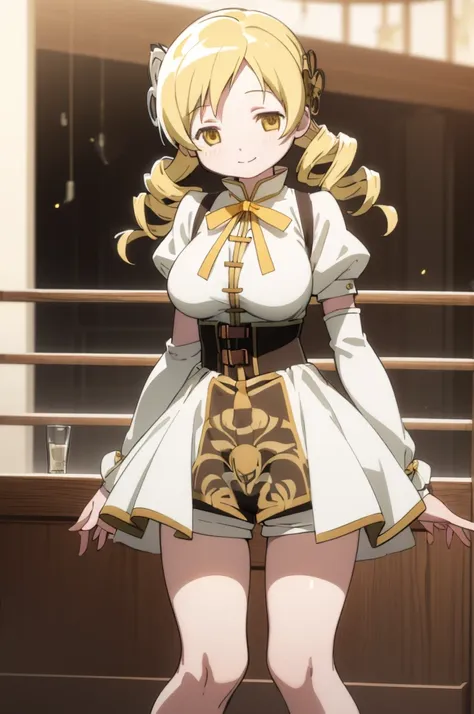 (masterpiece, best quality), 1girl, mami tomoe,standing,nsfw,indoor,smile,big breasts,high waist shorts