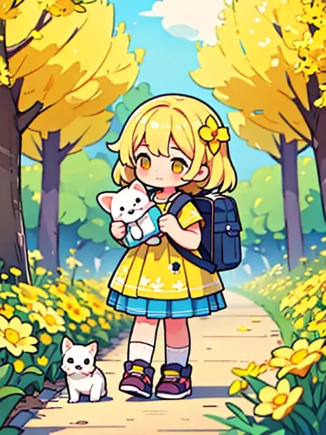 Very lovely girl with a backpack and her cute puppy enjoying a beautiful spring walk surrounded by beautiful yellow flowers and nature.. 