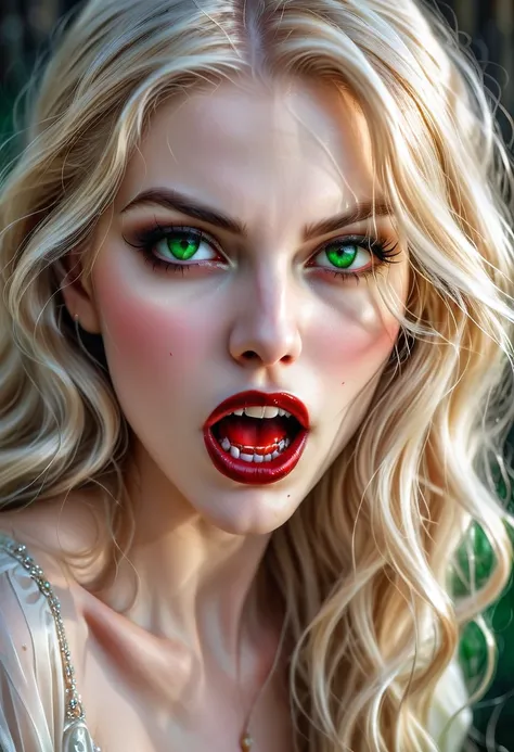 ((a photorealistic portrait of an exquisite, glamour female vampire: 1.5)) , pale face, blond hair, long vibrant shiny hair, gla...