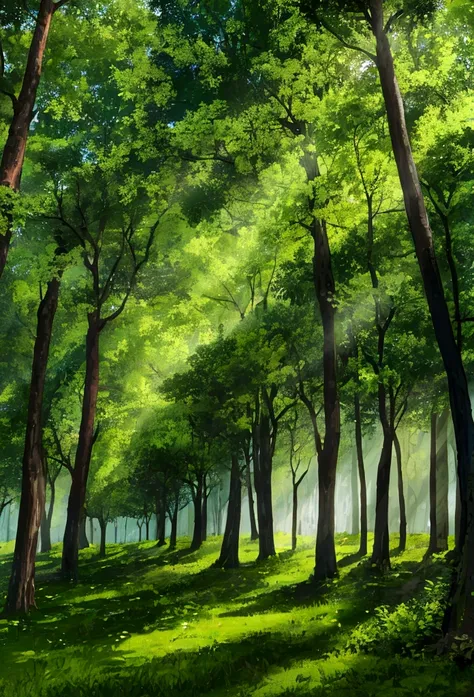 a magical green forest,  you can see a lot of trees and behind them a big explosion