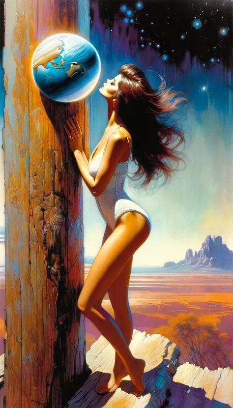 sexy woman looks at the horizon between two wooden posts, holds a planet in her hand, beautiful landscape (art inspired by Bill Sienkiewicz, intricate details, oil painting)
