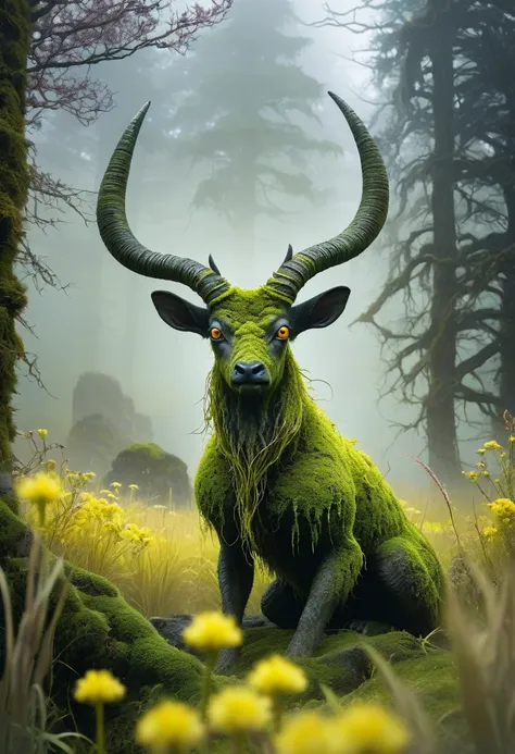 (Fantasy Art:1.2) photo of a mysterious, moss-covered creature with large, glowing eyes and curved horns, sitting amidst tall grass and yellow flowers in a misty, ethereal landscape, with distant trees, rocks, and a small rustic structure in the background...