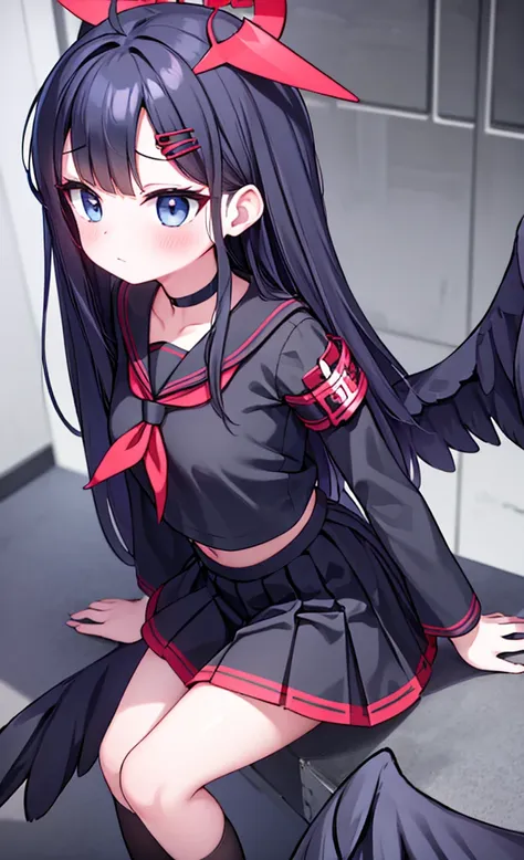 masterpiece,Highest quality,1 Girl,alone,blush with embarrassment,Pokémon-like art style,(bold:1.6),(flat:1.5), ICHIKA NAKAMASA, (Blue Archive),(Portraiture:1.2), Large Breasts, AHOGE, BLACK HAIR, BLACK wings, FEATHERED wings, hair ornament, HAIRCLIP, Hala...