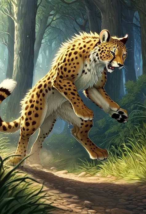 ((Masterpiece)), ((Best Quality)), (Very Detailed), ((Very Detailed)), 4K, (8K), very aesthetic, absurdres highres, 1man, anthropomorphic cheetah, furry, kemono, In a clearing in the forest, a cheetah sprints in the cold early morning light, its front legs...