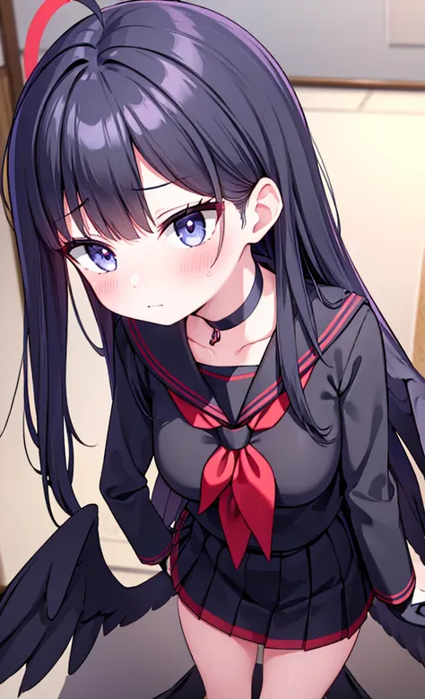 masterpiece,Highest quality,1 Girl,alone,blush with embarrassment,Pokémon-like art style,(bold:1.6),(flat:1.5), ICHIKA NAKAMASA, (Blue Archive),(Portraiture:1.2), Large Breasts, AHOGE, BLACK HAIR, BLACK wings, FEATHERED wings, hair ornament, HAIRCLIP, Hala...