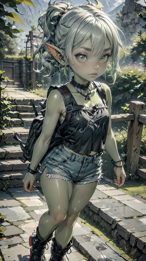 1 girl, solo ((best quality)), ((masterpiece)), (detailed), 4k, deep green skin, tiny pointy ears, 3 foot tall mature goblin wom...