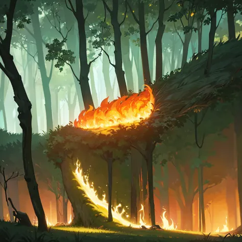 In the middle of an extensive and ancient forest, the trees rise imposingly, their crowns intertwining creating a natural roof of resplendent green leaves.  In the distance, beyond the rows of logs and trees, a large explosion lights up the horizon.  The g...