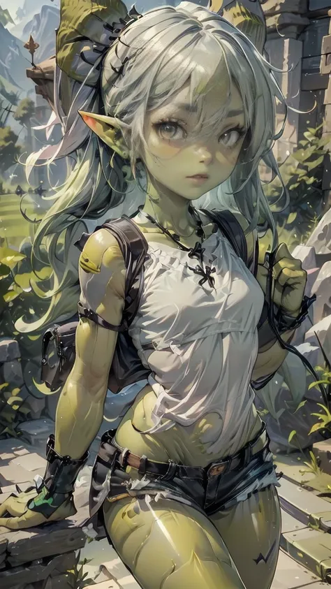 1 girl, solo ((best quality)), ((masterpiece)), (detailed), 4k, green skin, tiny pointy ears, 3 foot tall mature goblin woman wi...