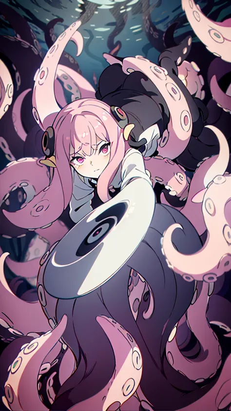 ((best quality)), ((highly detailed)), absurdres, (detailed eyes, deep eyes),1girl,20 years old,solo,long hair,pink hair,(white shirt,black standart tie,black skirt),dynamic pose, cowboy shot, (((scylla))), (((octopus girl))), standing, (tentacles:1.33), (...