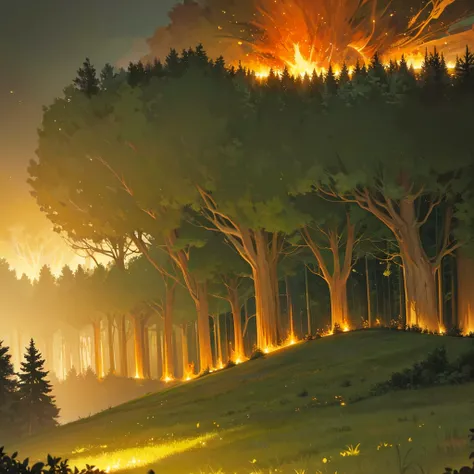 In the middle of an extensive and ancient forest, the trees rise imposingly, their crowns intertwining creating a natural roof of green leaves.  In the distance, among rows of trunks and trees, a large explosion is seen that illuminates the horizon.  The g...