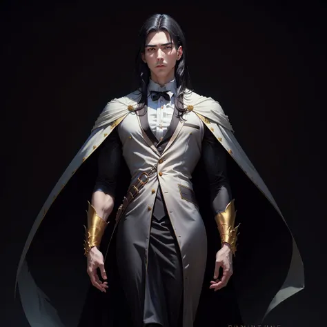 Renaissance, plano general, medium shot, male, Vampire, elegant white silk suit, wide, pale skin, black fur, muscle, strong, golden details, Transparent