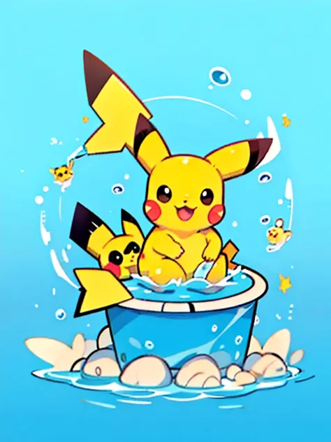 beautiful scene of Pikachu practicing swimming, Pikachu should be in a shallow pool or calm body of water., looking determined and cheerful Water splashes around Pikachu., and maybe a few playful bubbles. The background should show a sunny day with clear s...