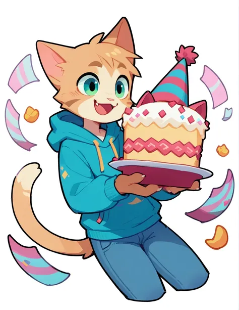 the q version of the cute furry cat, holding a birthday cake, cute smile, happy, cute, male cat, party hat, hoodie, jeans, white...