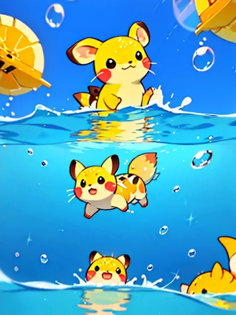 cute scene of Pika practicing swimming, Pika should be in a shallow pool or calm body of water., looking determined and cheerful Water splashes around Pika., and maybe a few playful bubbles. The background should show a sunny day with clear skies